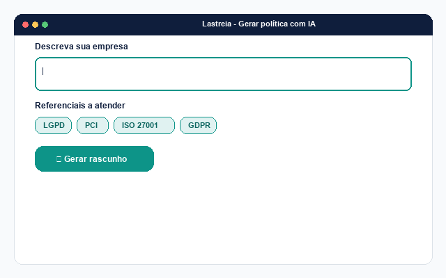 Animação: usuário descreve a empresa em poucas palavras e a IA gera o rascunho da política de privacidade